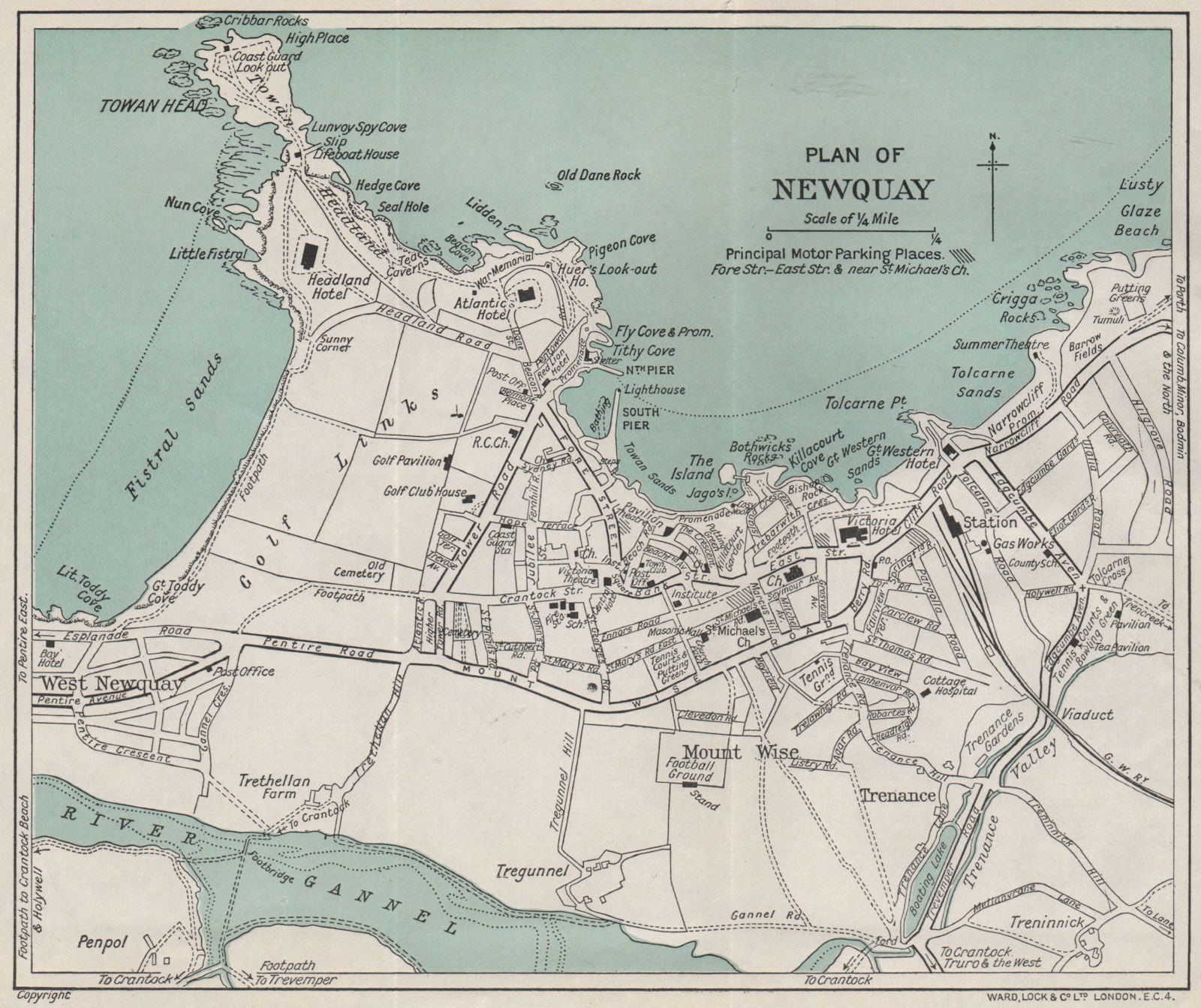 NEWQUAY vintage town/city plan. Cornwall. WARD LOCK 1934 old vintage map chart